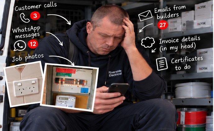 An electrician looks at his phone while reminders of customer calls, builder emails, invoice details and certificates crowd the workday.