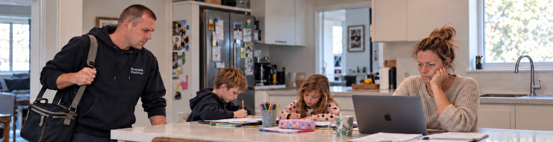 An electrician arrives home while his partner works through business admin at the kitchen table, with their children nearby.