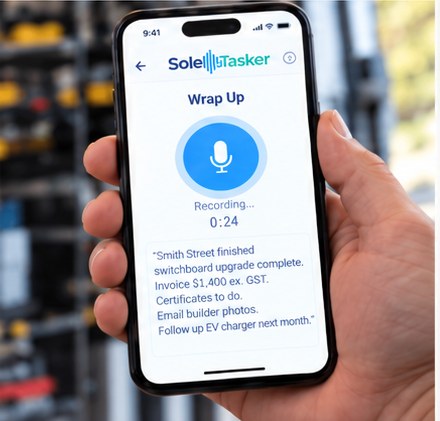 A phone showing a SoleTasker voice capture for a completed job, with invoice, certificate, photo and next-task details.