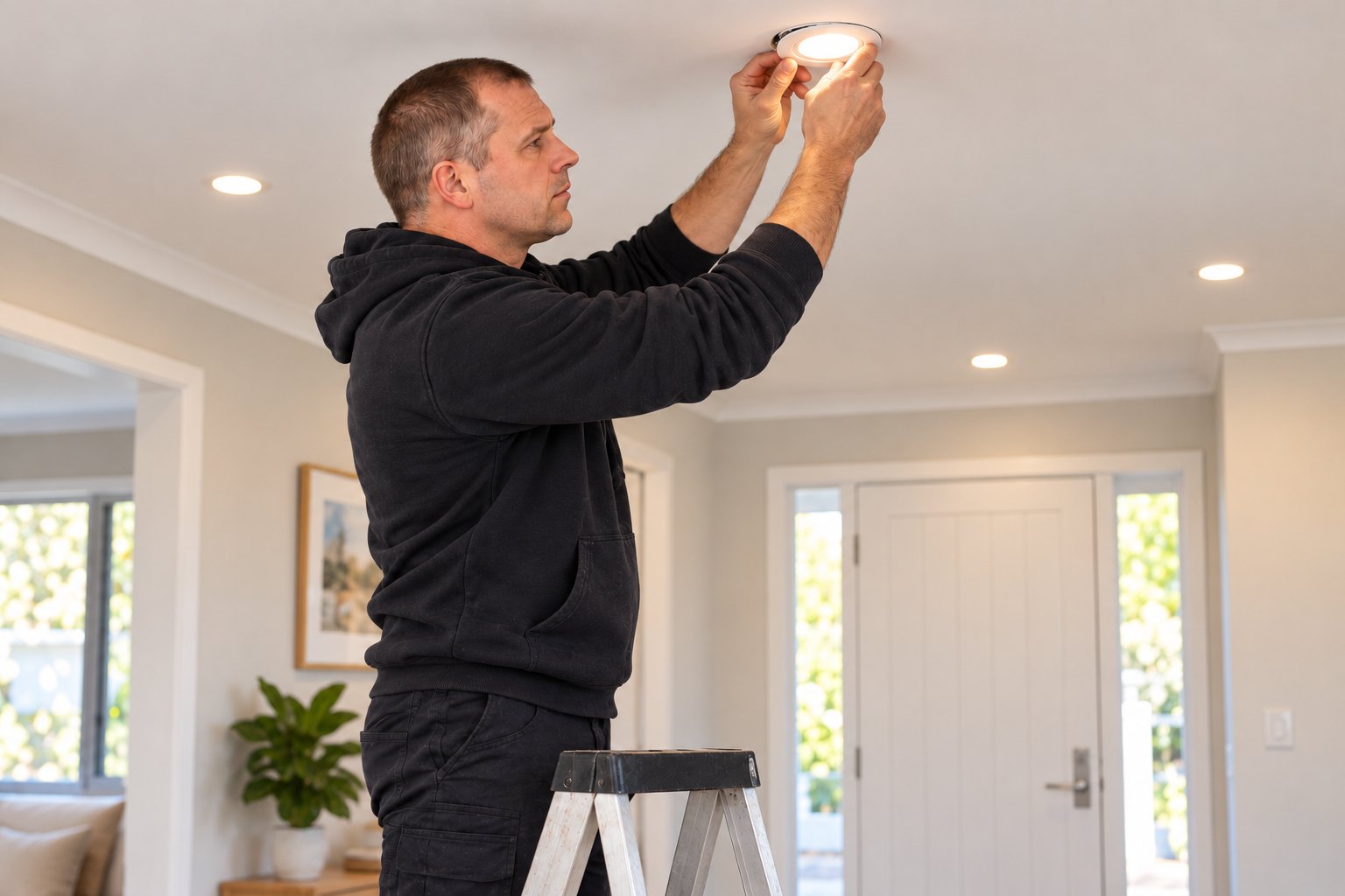 The SoleTasker electrician fits a recessed LED downlight in a tidy home interior.